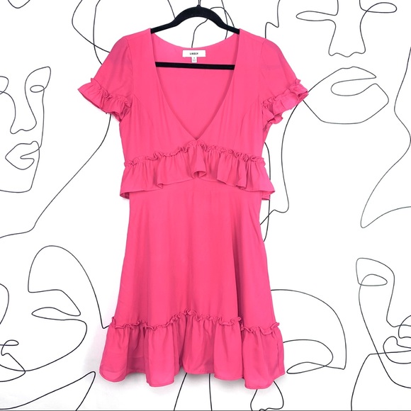 Likely Brason Pink Ruffle Trim V Neck Cap Sleeve Mini Dress Size 8 - Picture 2 of 7